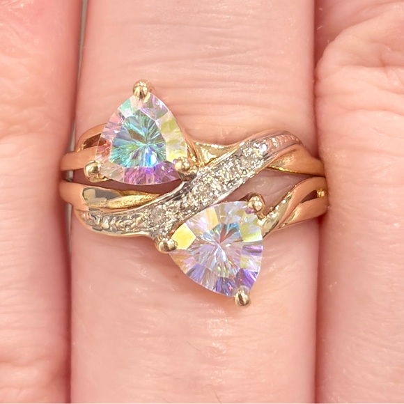 Jewelry - 14K Titanium Quartz Diamond Ring Double Trillion Cut Aurora Iridescent 6.25